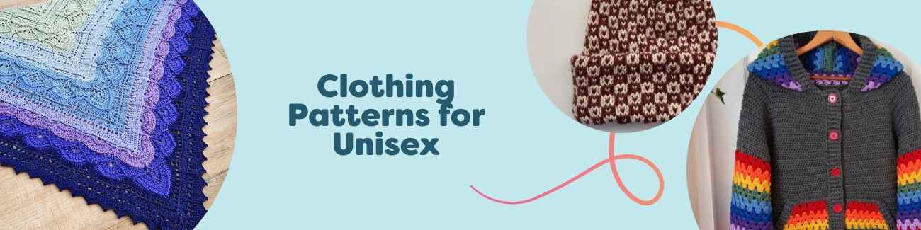 Unisex clothing pattern selection: beanies, hoodies, scarves, and shawls in knit and crochet from Hobbii.