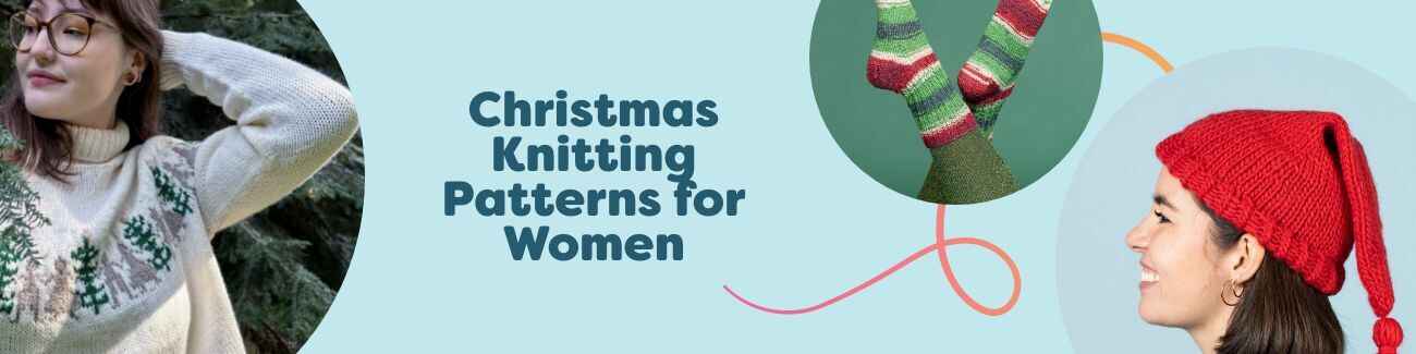 Collage of free Christmas knitting patterns for women featuring a festive sweater, socks, and a hat in red, green, and white yarns.