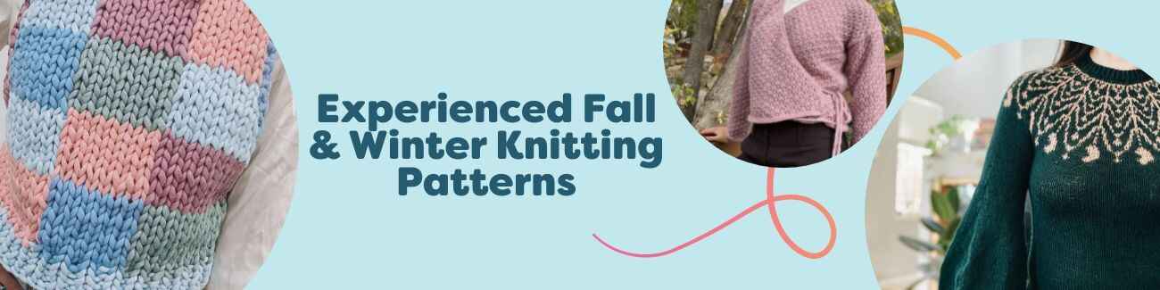 Experienced fall and winter knitting patterns from Hobbii: sweaters, wrap cardigans, hats, mittens, and patchwork vests in warm seasonal yarns.