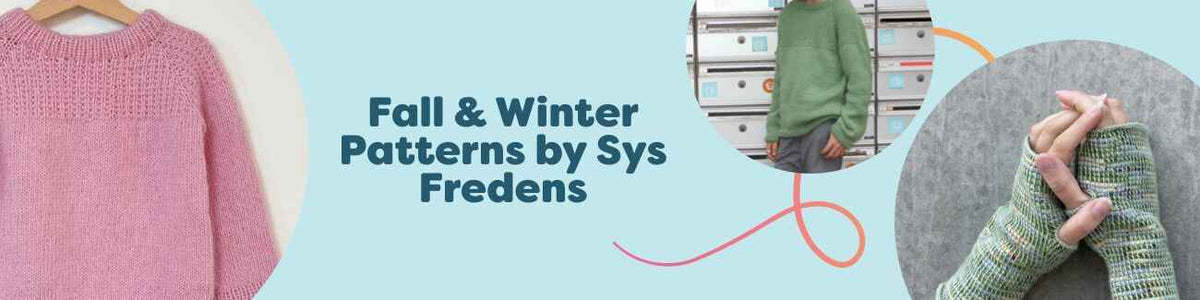 Assorted fall and winter knit and crochet patterns by Sys Fredens for Hobbii: children's sweaters, beanies, wrist warmers, and cozy socks in warm yarns.