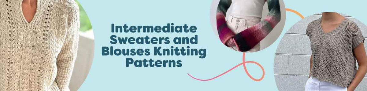 Intermediate sweaters and blouses knitting patterns from Hobbii, featuring colorwork yokes, cables, and lace on modern garments.