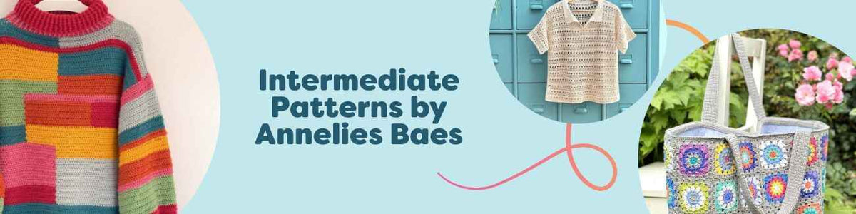 Intermediate crochet patterns by Annelies Baes for Hobbii: a colorful sweater, tee, bag, granny cardigan, and shawl displayed together.