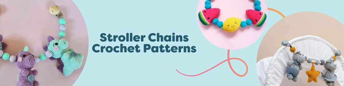 Stroller chain crochet patterns by Hobbii featuring dinos, kawaii fruit, baby bunnies, elephants, and character pram chains.