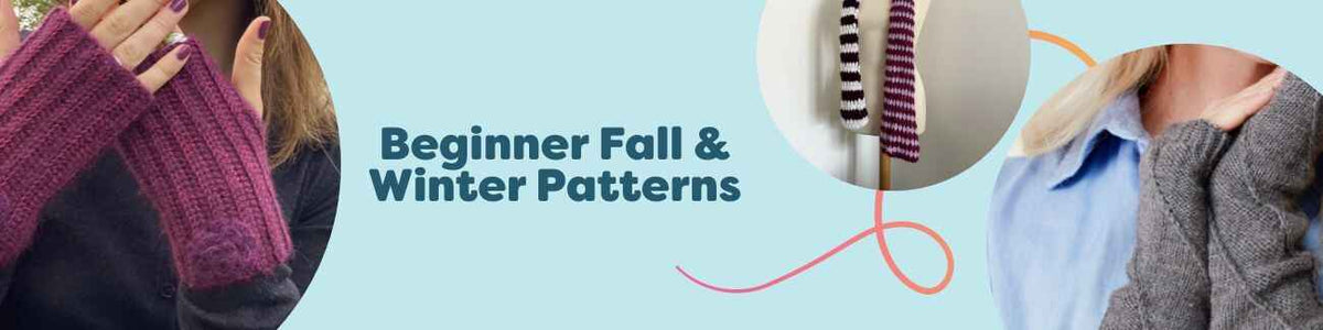 Assortment of free beginner fall and winter knitting and crochet patterns from Hobbii—mittens, scarves, and wrist warmers in cozy seasonal colors.