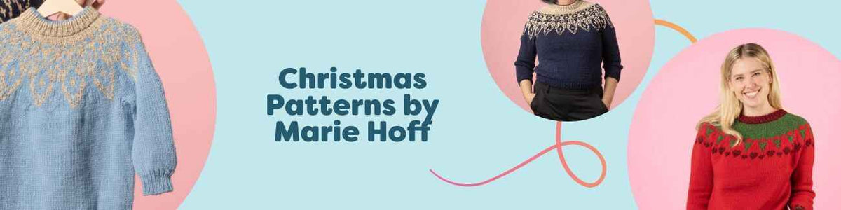 Christmas Patterns by Marie Hoff: adult and children's sweater designs with star, heart, and tree motifs in classic red, green, and white yarn.