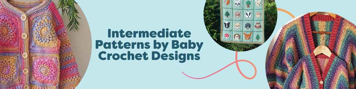 Collage of intermediate crochet patterns by Baby Crochet Designs: children's cardigan, baby blanket, hexagon cardigan, hoodie, and overalls dress made with Hobbii yarn.