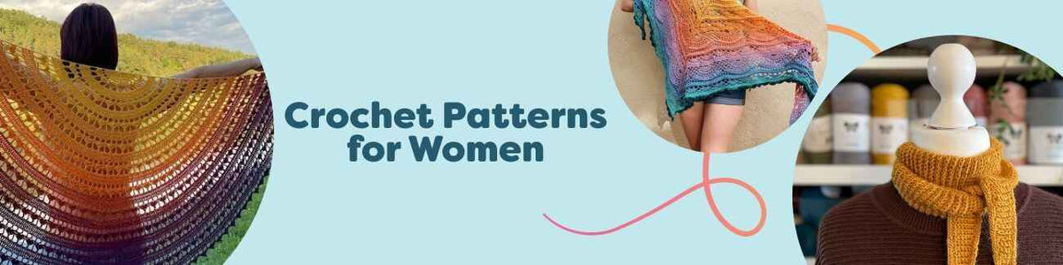 Collage of women's crochet patterns from Hobbii, featuring stylish shawls, scarves, cardigans, and tops in modern colors.
