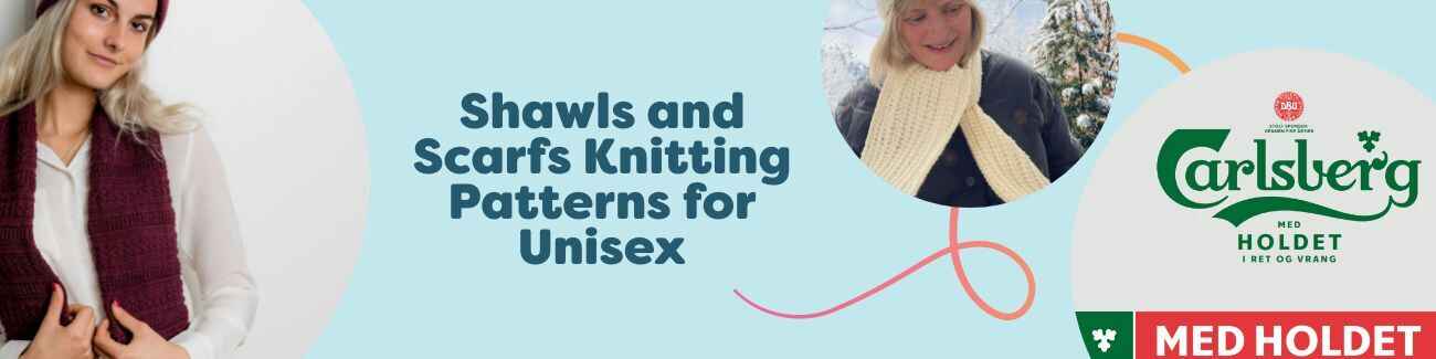 Unisex knitted shawls, scarves, and cowls in soft yarns; free Hobbii patterns displayed with cozy textures.