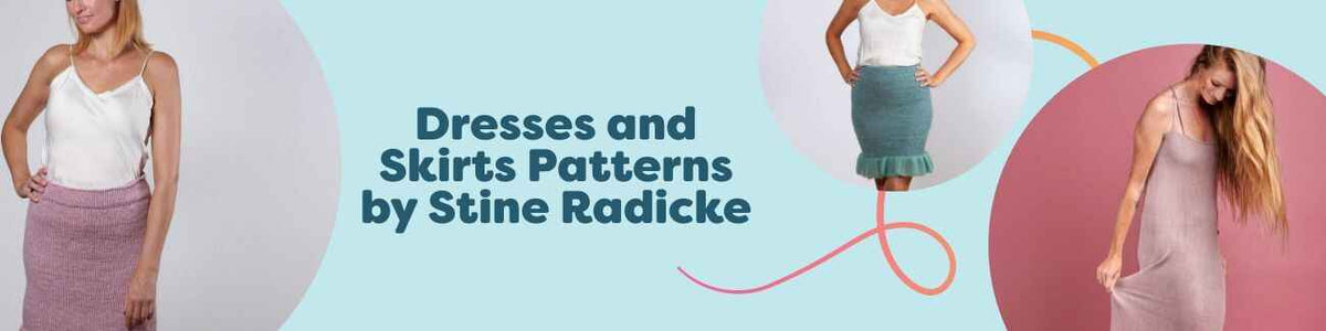 Hobbii collection of Stine Radicke dress and skirt crochet patterns, including Briza Dress, Ines, Sally, and Festuca skirts, styled in modern silhouettes