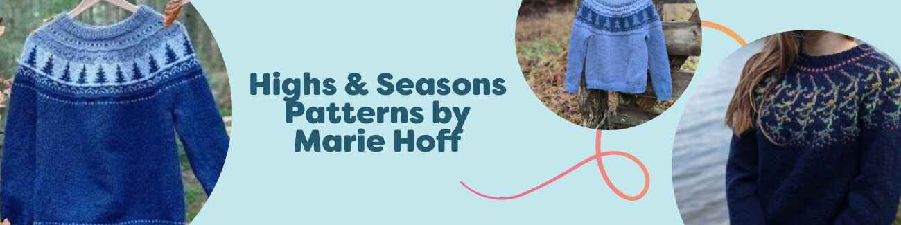 Highs & Seasons by Marie Hoff at Hobbii, showing adult and children’s sweaters in seasonal colors—knit and intermediate crochet pattern styles.