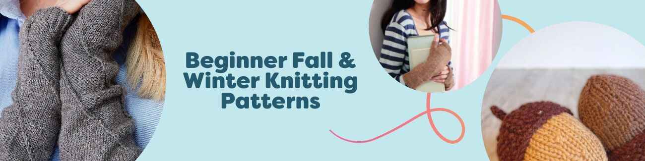 Flat lay of cozy beginner-friendly fall and winter knitting projects: hats, scarves, mittens, and arm warmers made with Hobbii yarn in warm seasonal colors.