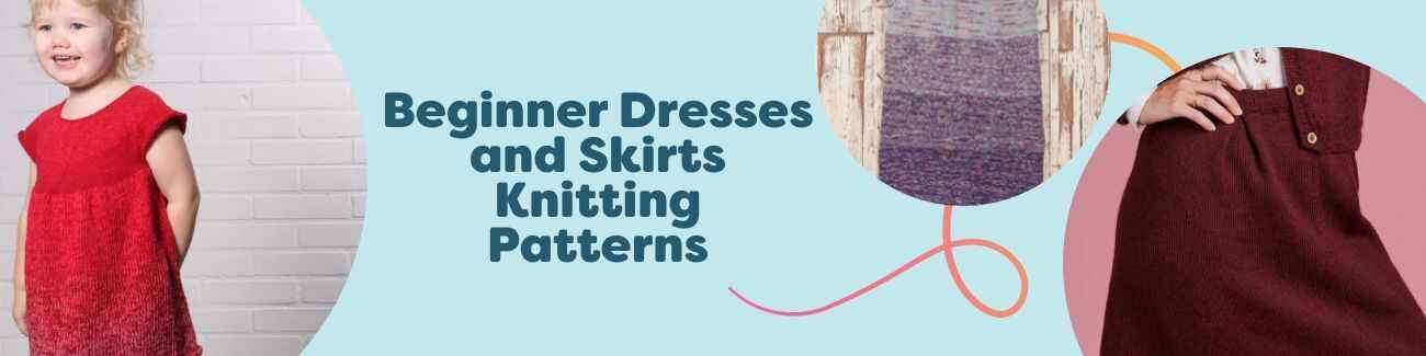 Grid of free beginner dress and skirt knitting patterns from Hobbii, with sample garments and yarn shown.