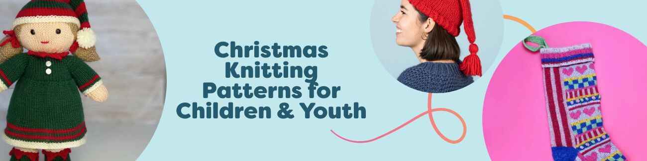 Assorted free Christmas knitting patterns for children and youth, including festive hats, colorwork sweaters, stockings, and doll clothes in red, green, and white Hobbii yarns.