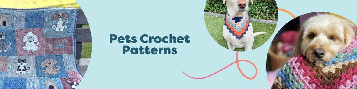 Hobbii pets crochet collection featuring dog blankets, cozy beds, and bandanas made with soft, colorful yarns for dogs and cats.