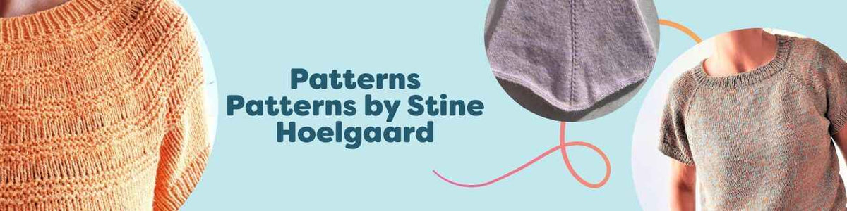 Collage of knitting and intermediate crochet patterns by Stine Hoelgaard for Hobbii, featuring a t-shirt, poncho, and summer hats in soft yarns.