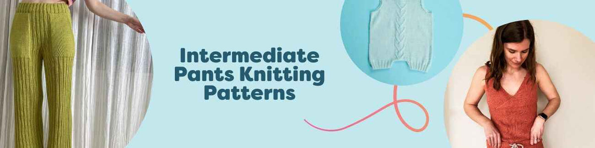 Collection image showing intermediate pants knitting patterns from Hobbii: trousers, joggers, and shorts for adults and babies in wool and cotton yarns.