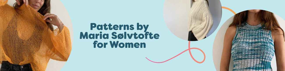 Women’s knitting and intermediate crochet patterns by Maria Sølvtofte: sweaters, jumpers, tops, and a bag, styled with Hobbii yarns.