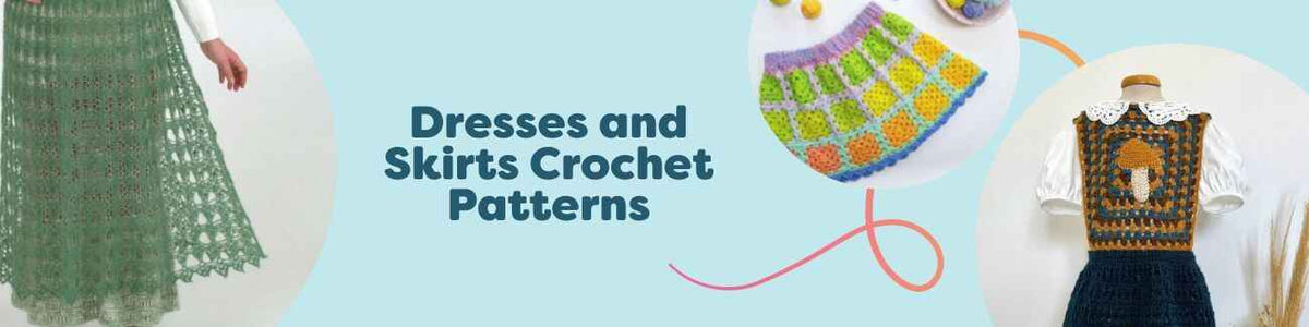 Collection of free crochet dresses and skirts in assorted colors, featuring mini dresses, children's dresses, and lace skirts made with Hobbii yarns.