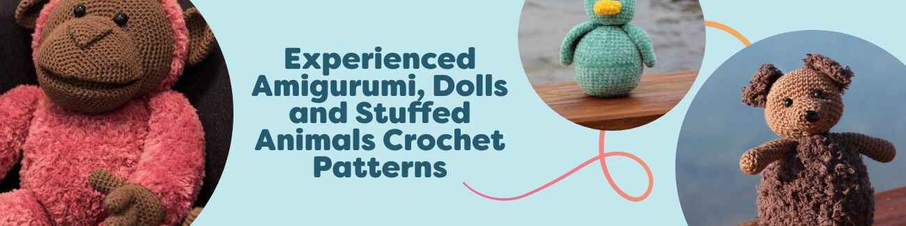 Group of crocheted amigurumi dolls and stuffed animals made with Hobbii yarn—free intermediate crochet patterns.