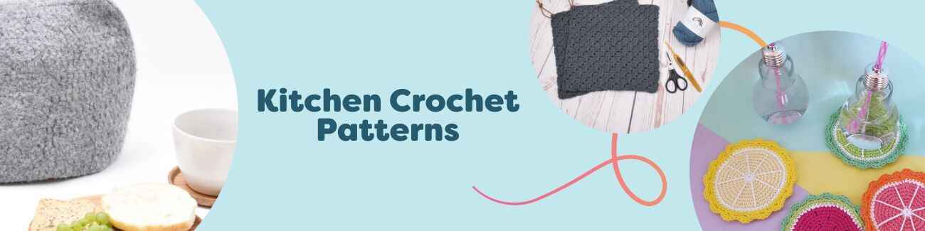 Flat lay of handmade crochet kitchen items: C2C potholders, fruity coasters, a wavy towel, and a felted tea cozy in cotton yarns by Hobbii.