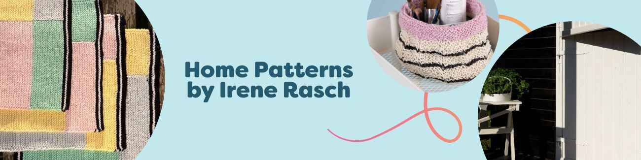 Styled collage of Irene Rasch home crochet patterns for baskets, placemats, napkins, mats, and bath mats, made with Hobbii yarns.