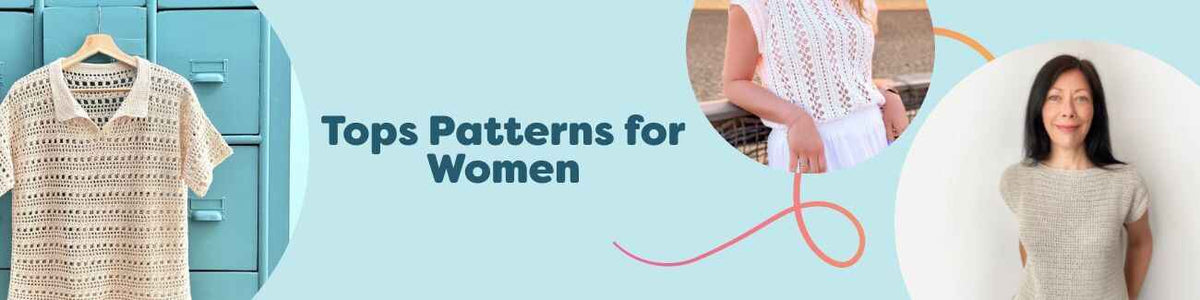 Assorted women’s knitted and crocheted tops—tees, lace blouses, and T-shirts—styled on models, showing stitch detail and drape in Hobbii yarn.