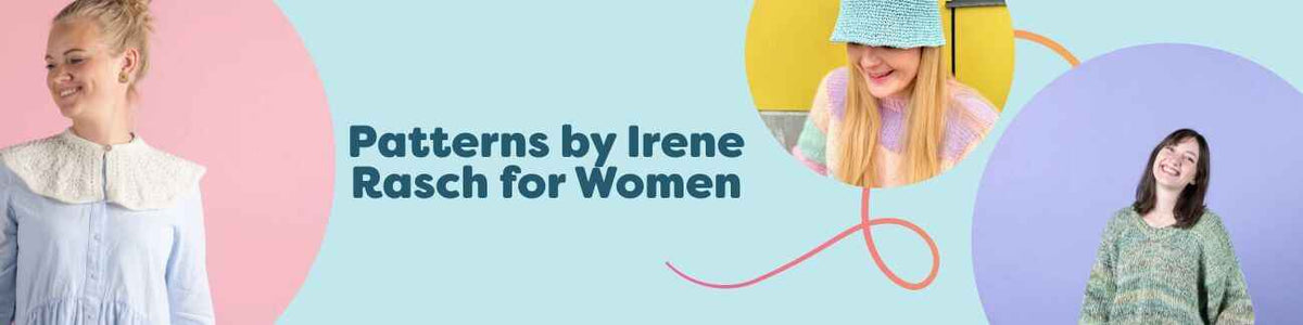 Women wearing Irene Rasch designs: knitted sweater, slipover, crocheted bucket hat, beret, and lace collar in Hobbii yarns.