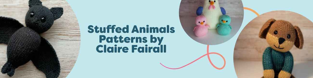 Five stuffed animal crochet patterns by Claire Fairall—bat, bunny, dog, chicken, and goose—styled with Hobbii yarn and hooks on a neutral backdrop.