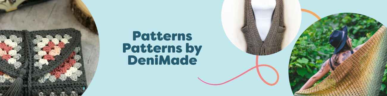 Assortment of DeniMade crochet patterns at Hobbii—shawls, pocket shawls, beanies, kerchiefs, and a book cozy—styled with yarn and hooks.