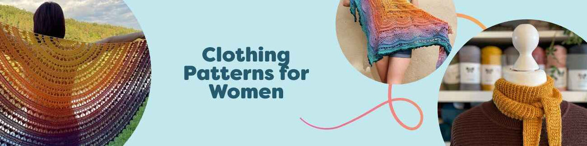 Assortment of women's knit and crochet clothing patterns from Hobbii, featuring shawls, scarves, and wearable projects.