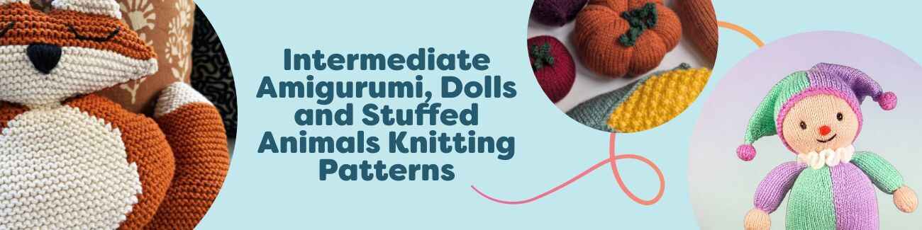 Assorted intermediate amigurumi projects: a ragdoll fox, clown doll, winter goose, bat, and garden vegetables made with Hobbii yarns.