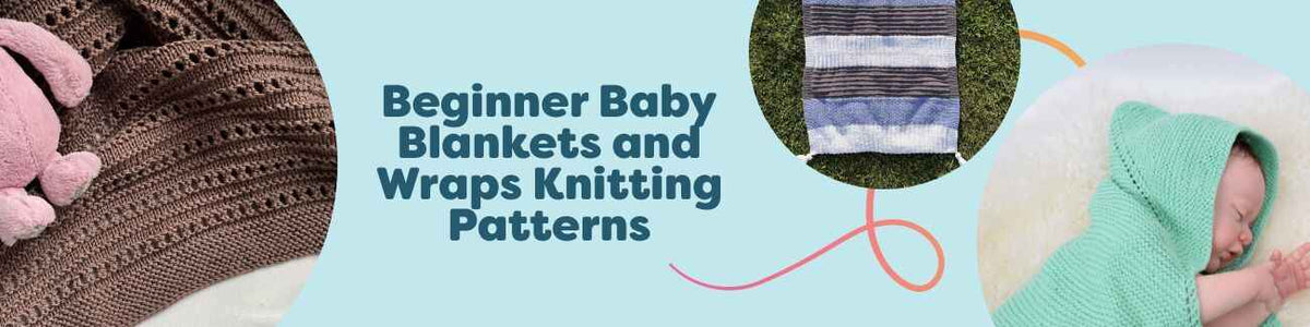 Beginner-friendly baby blankets and wraps knitted in soft pastel yarns, with simple textures shown folded in a cozy nursery setting.