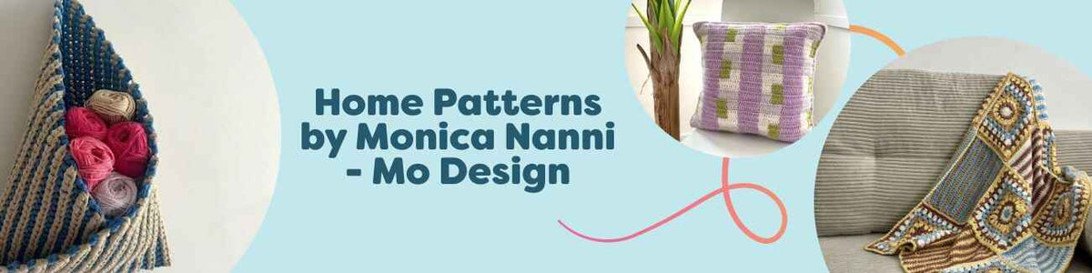 Collage of free home crochet patterns by Monica Nanni (Mo Design) for Hobbii: hanging basket, textured pillow, and baby blanket arranged in a cozy setting.