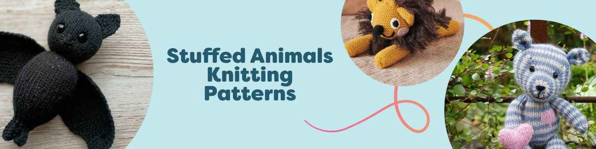 Free stuffed animals knitting patterns: knitted bat, teddy, chicken, bear, and lion soft toys by Hobbii shown with yarn and needles.