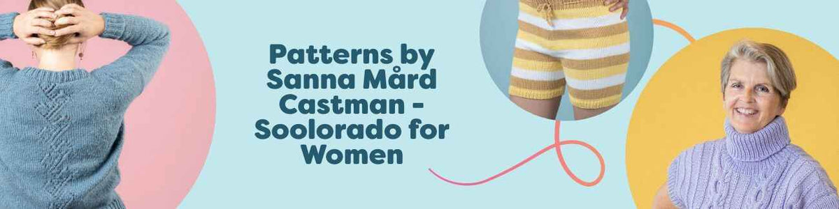 Models wearing Soolorado for Women free patterns by Sanna Mård Castman—knit sweaters, a jumper, a slipover, and shorts made with Hobbii yarn.