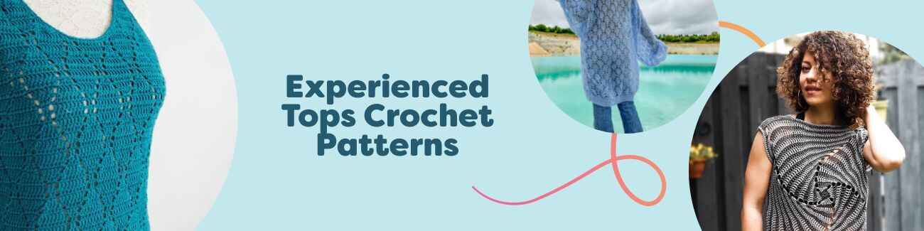 Modeled shots of Hobbii experienced crochet tops—intermediate tanks, tees, and light sweaters in modern stitches.