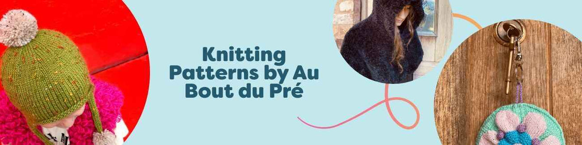 Au Bout du Pré knitting patterns at Hobbii: kids pompom hat, hooded cat cape, keyring, sunset hat, and Audrey tunic.