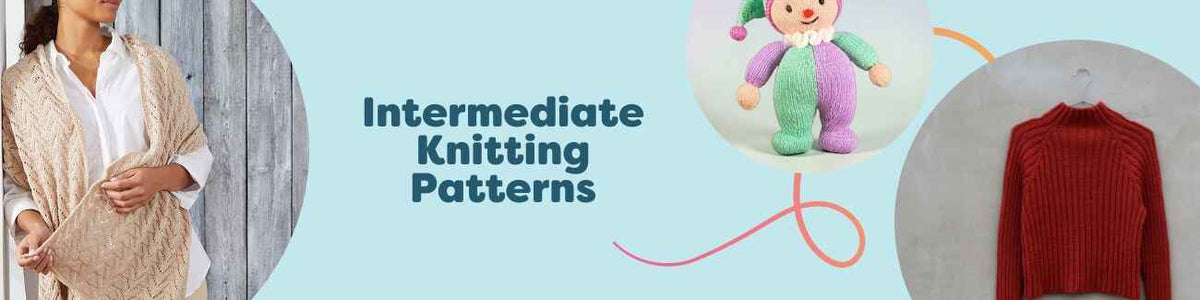 Collection of free intermediate knitting patterns from Hobbii showing sweaters, shawls and accessories styled with yarn and needles.