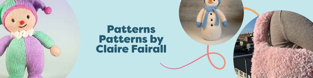 Collection of Claire Fairall patterns at Hobbii featuring Binky Clown, Buddy the Snowman, Winter Goose, Phoebe Bag, and Rudolf & Friends ornaments displayed with yarn.