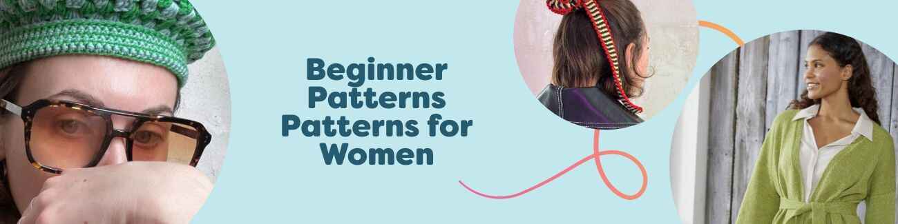 Collage of free beginner knitting and crochet patterns for women, featuring a beret, scrunchie, kimono cardigan, shawl, and vest by Hobbii.