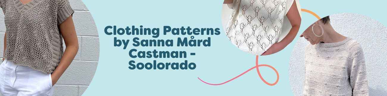 Collage of Sanna Mård Castman (Soolorado) clothing patterns at Hobbii featuring crochet and knit tops, halterneck styles, jumpers, and vests.
