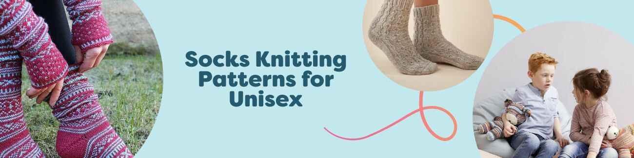 Collage of unisex hand-knit socks in various styles and colors, featuring free Hobbii patterns like Norwegian motifs, ribbed crews, and textured designs.