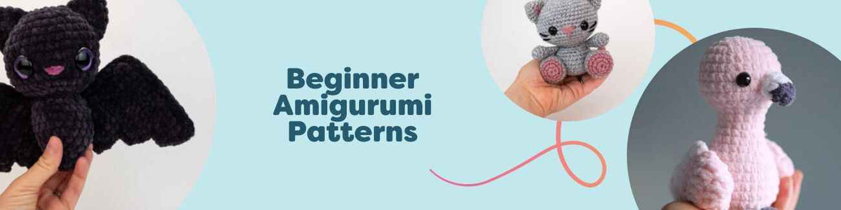 Collection of beginner amigurumi crochet patterns from Hobbii showing cute animals like bats, kittens, and elephants, plus lovey projects and mini plushies.