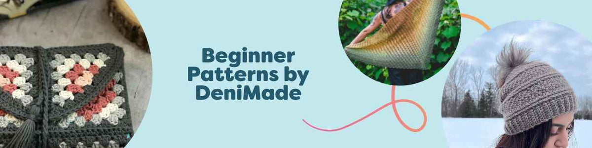 Beginner crochet patterns by DeniMade: beanie, shawl, kerchief, blanket, and book cozy made with Hobbii yarn.
