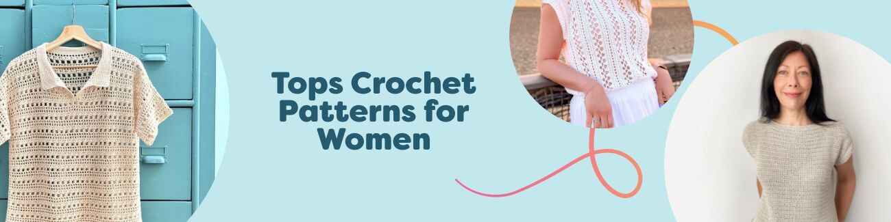 Collage of women's crochet tops—lace tee, ribbed tank, textured summer top—made with Hobbii yarns in neutral and pastel shades.