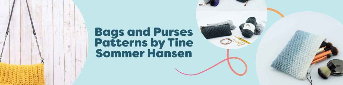 Assorted crochet bags and purse patterns by Tine Sommer Hansen, including clutches, beach nets, and rainbow shopping bags, shown with Hobbii yarn.
