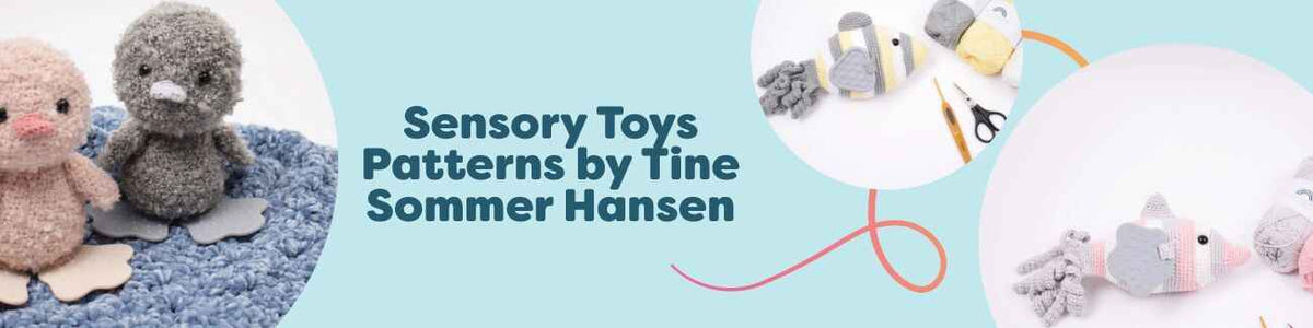 Crochet sensory toys by Tine Sommer Hansen for Hobbii: Jelly & Jolly fish, sensory cube, curly duckling, rainbow rattle in soft yarns.