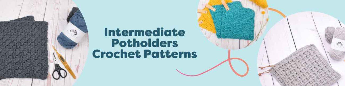 Selection of intermediate crochet potholder patterns by Hobbii featuring C2C, ribbon, mosaic granny, basketweave, and festive designs in cotton yarn on a kitchen background.
