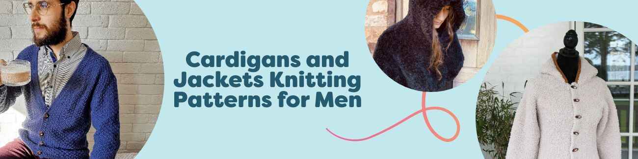 Men’s knitted cardigans and jackets—cabled, hooded, and buttoned—in neutral yarns; Hobbii patterns shown on models and laid flat.