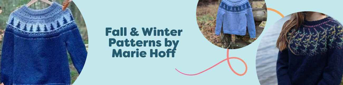 Assortment of fall and winter sweater patterns by Marie Hoff for adults and kids, including knit designs and intermediate crochet patterns in warm seasonal colors — Hobbii